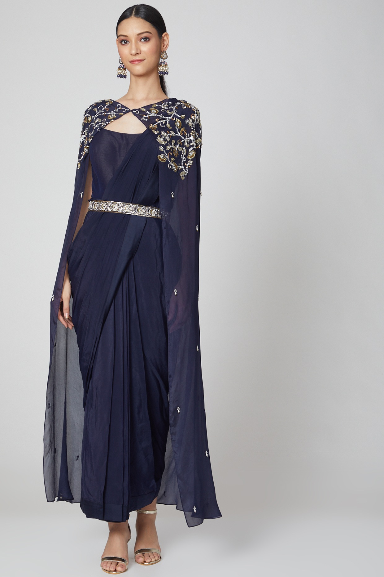 Blue embroidered sari gown | Drape gowns, Saree gowns, Saree gown