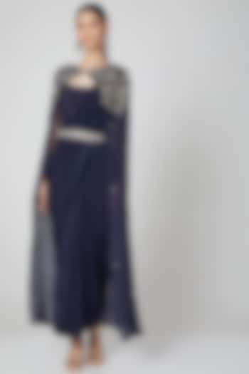 Navy Blue Silk Chiffon Sequins Embroidered Cape Saree Gown With Belt by Nidhika Shekhar