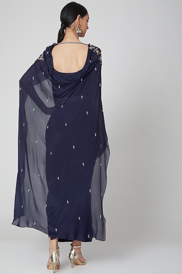 Navy Blue Silk Chiffon Sequins Embroidered Cape Wedding Saree Gown With Belt by Nidhika Shekhar at Pernia's Pop Up Shop