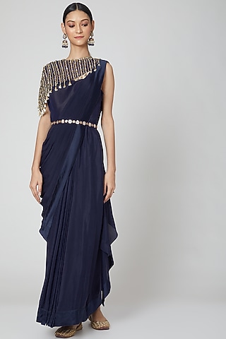 Navy Blue Pre-Stitched Draped Saree Gown Set by Nidhika Shekhar
