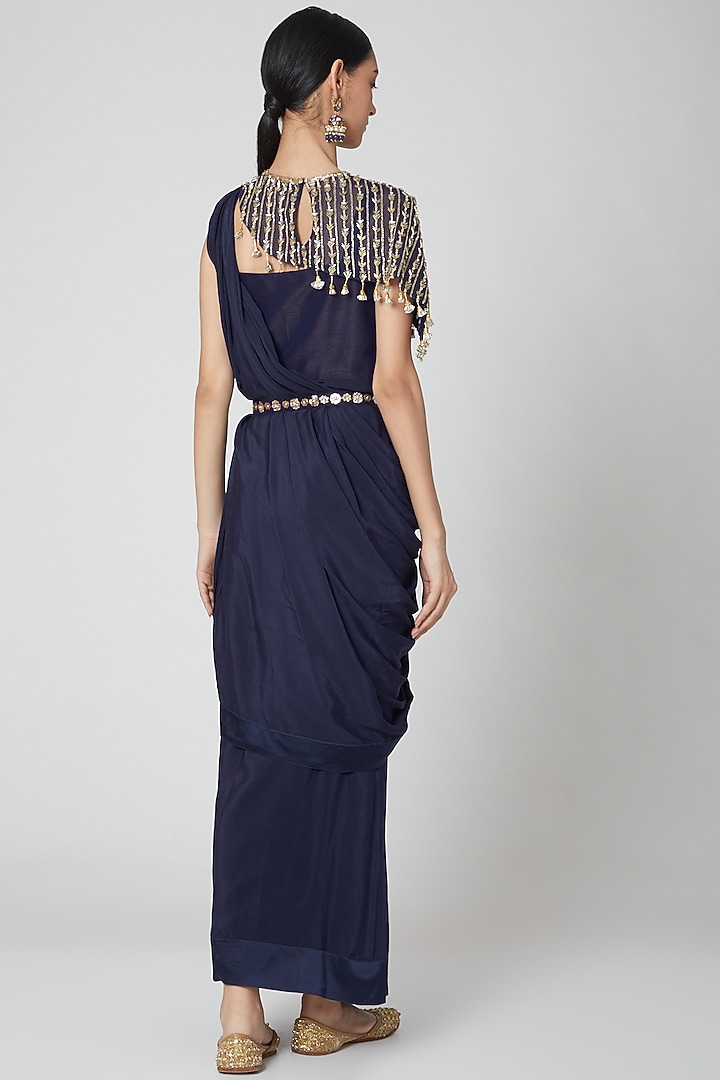 Navy Blue Pre-Stitched Draped Wedding Saree Gown Set by Nidhika Shekhar at Pernia's Pop Up Shop