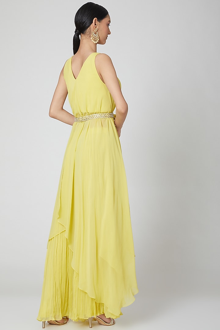 Yellow Embroidered Draped Kurta Set by Nidhika Shekhar at Pernia's Pop Up Shop