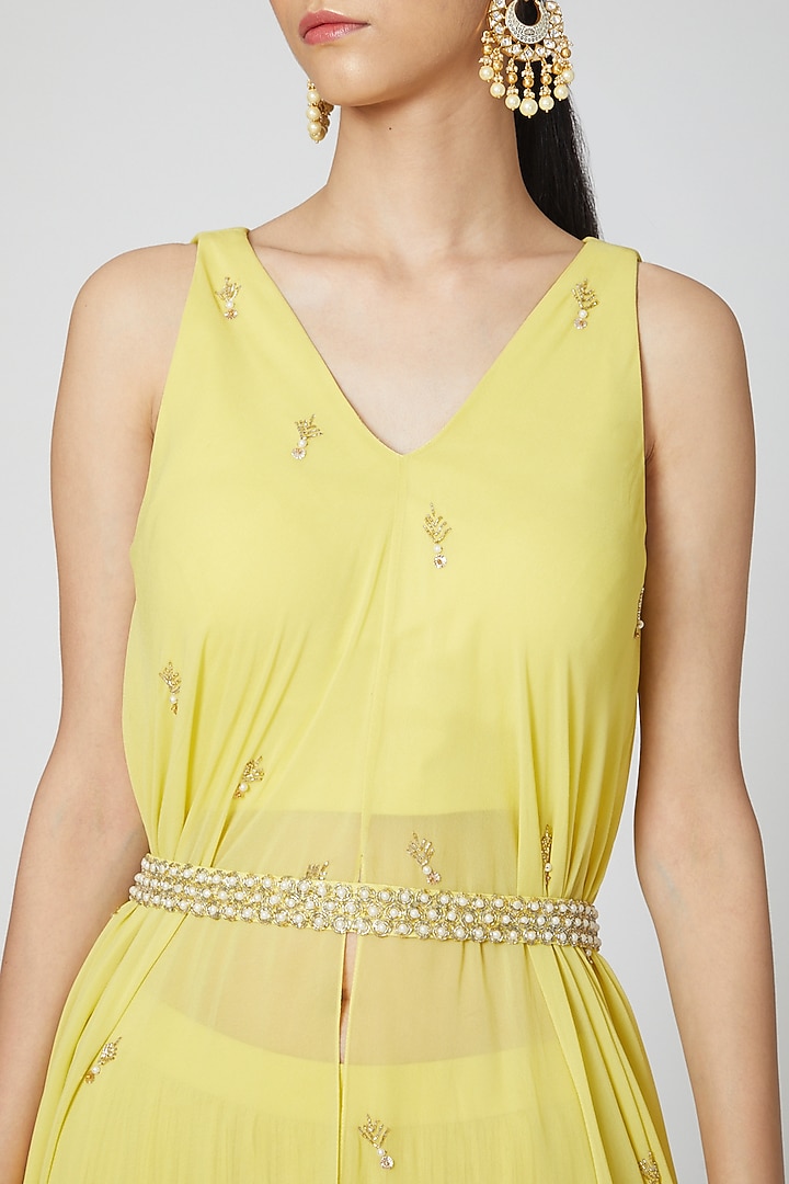 Yellow Embroidered Draped Kurta Set by Nidhika Shekhar at Pernia's Pop Up Shop