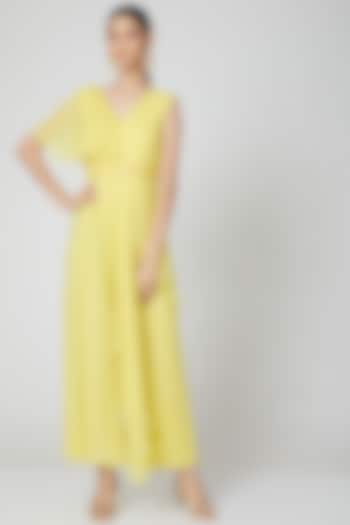 Neon Yellow Draped Jumpsuit With Embroidered Belt by Nidhika Shekhar