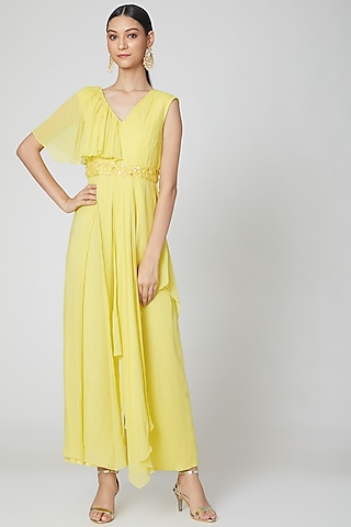 Neon Yellow Draped Jumpsuit With Embroidered Belt by Nidhika Shekhar