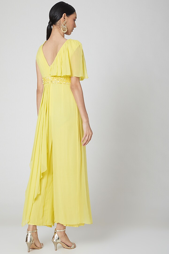 Neon Yellow Draped Jumpsuit With Embroidered Belt by Nidhika Shekhar at Pernia's Pop Up Shop