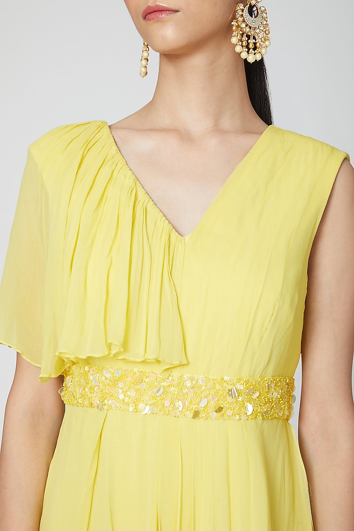 Neon Yellow Draped Jumpsuit With Embroidered Belt by Nidhika Shekhar at Pernia's Pop Up Shop