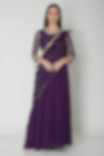 Purple Embroidered Saree Gown  by Nidhika Shekhar