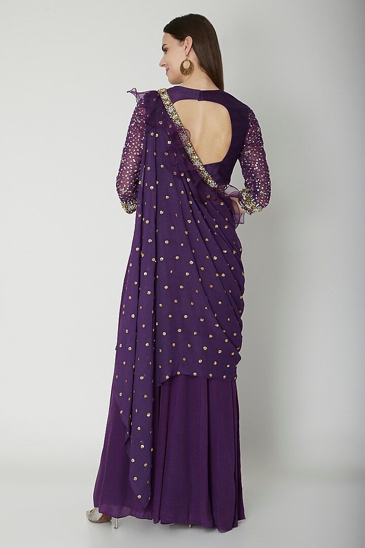Purple Embroidered Wedding Saree Gown by Nidhika Shekhar at Pernia's Pop Up Shop