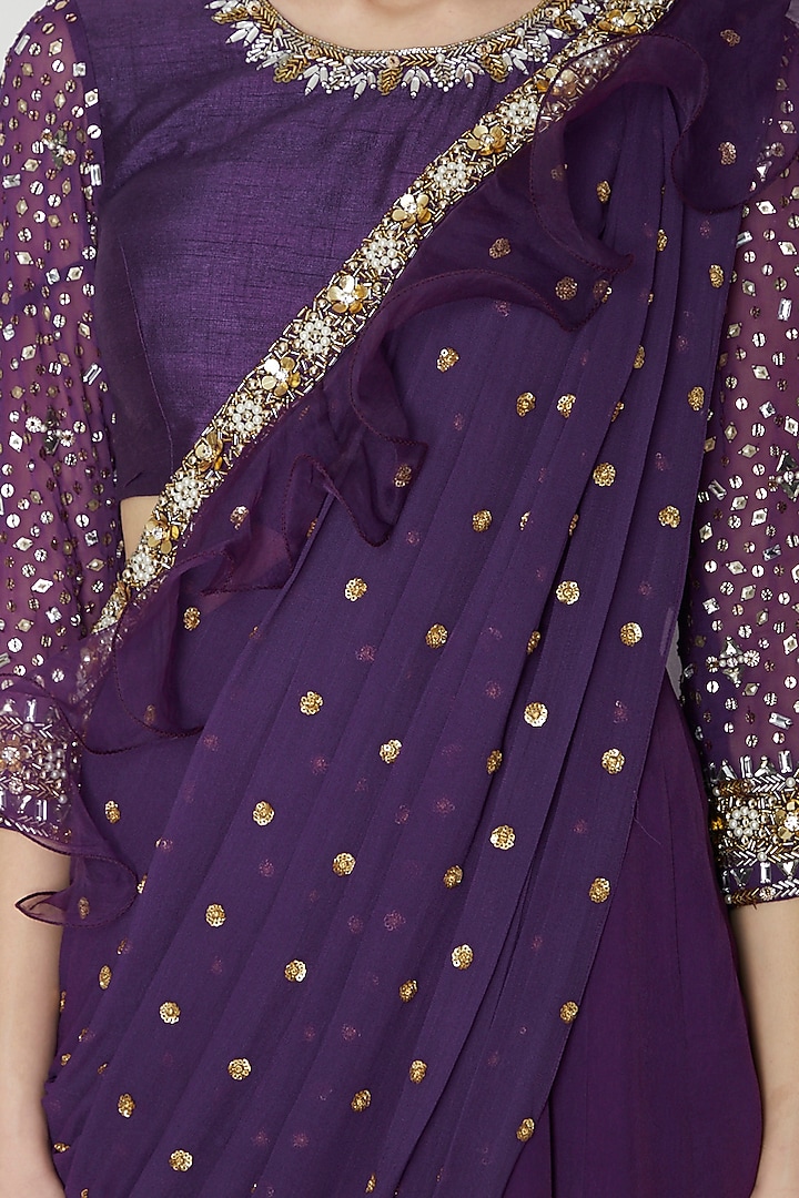 Purple Embroidered Wedding Saree Gown by Nidhika Shekhar at Pernia's Pop Up Shop