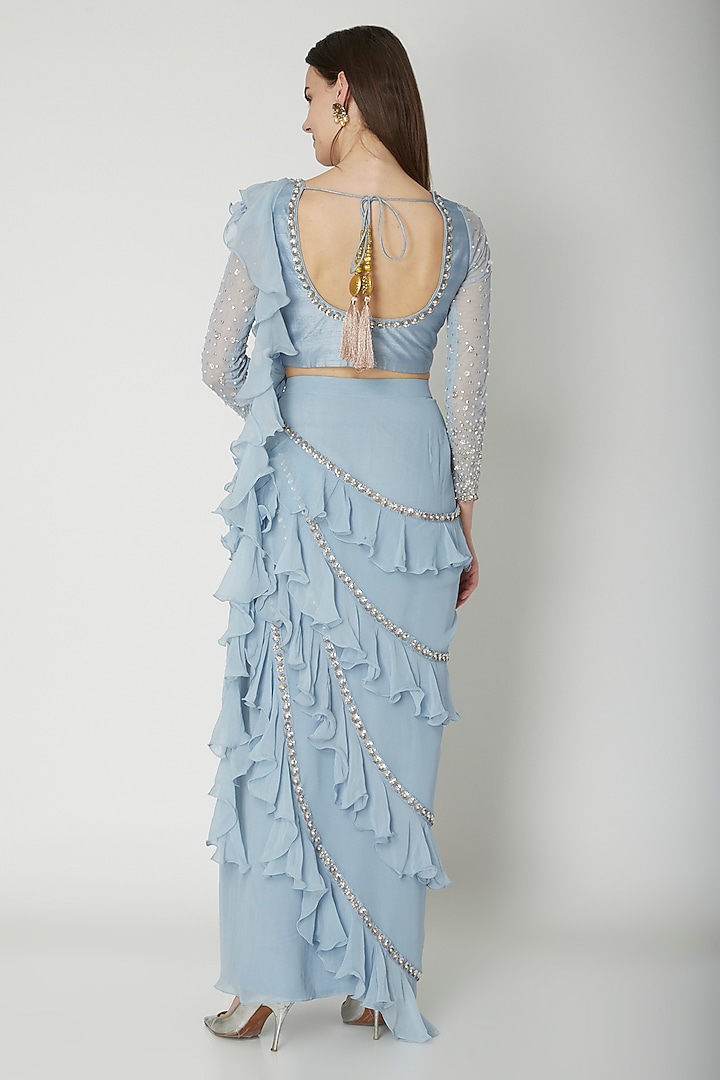Sky Blue Draped Embroidered Wedding Saree Set by Nidhika Shekhar at Pernia's Pop Up Shop
