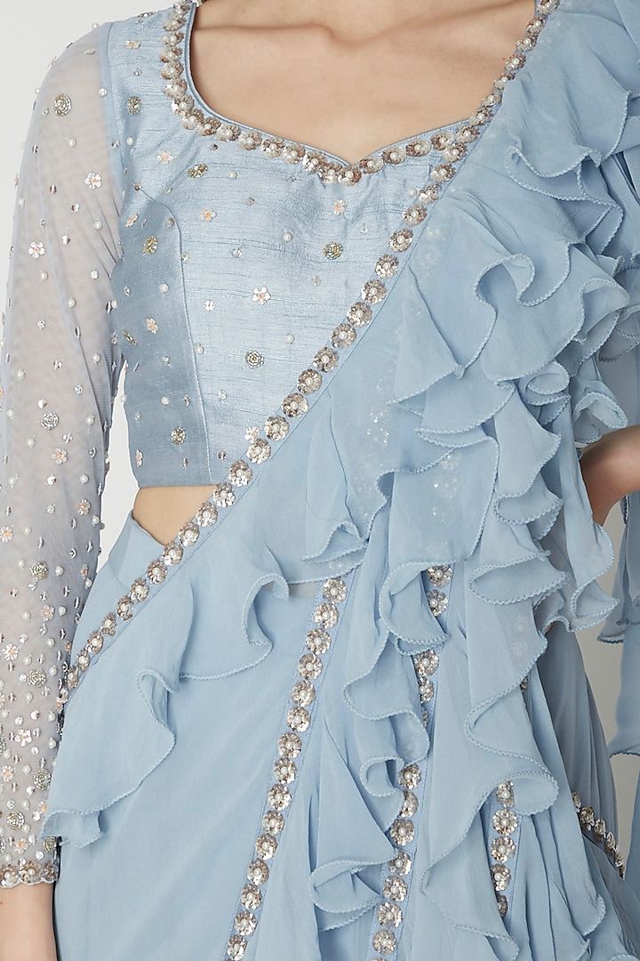 Sky Blue Draped Embroidered Wedding Saree Set by Nidhika Shekhar at Pernia's Pop Up Shop