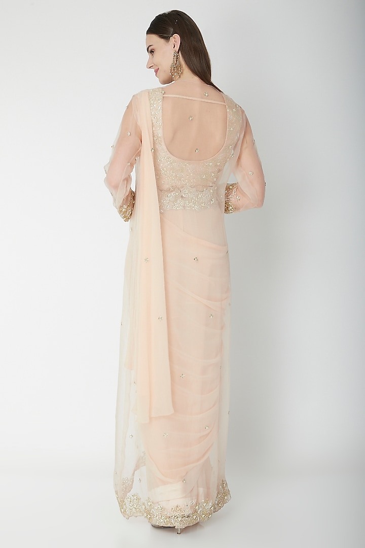 Beige Georgette & Crepe Draped Jacket Wedding Saree Set by Nidhika Shekhar at Pernia's Pop Up Shop