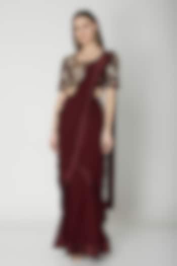 Maroon Draped Embroidered Saree Set by Nidhika Shekhar