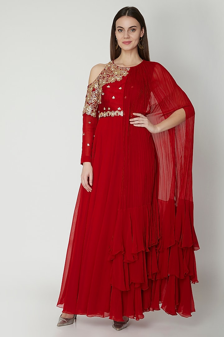 Red Embroidered Anarkali With Dupatta by Nidhika Shekhar