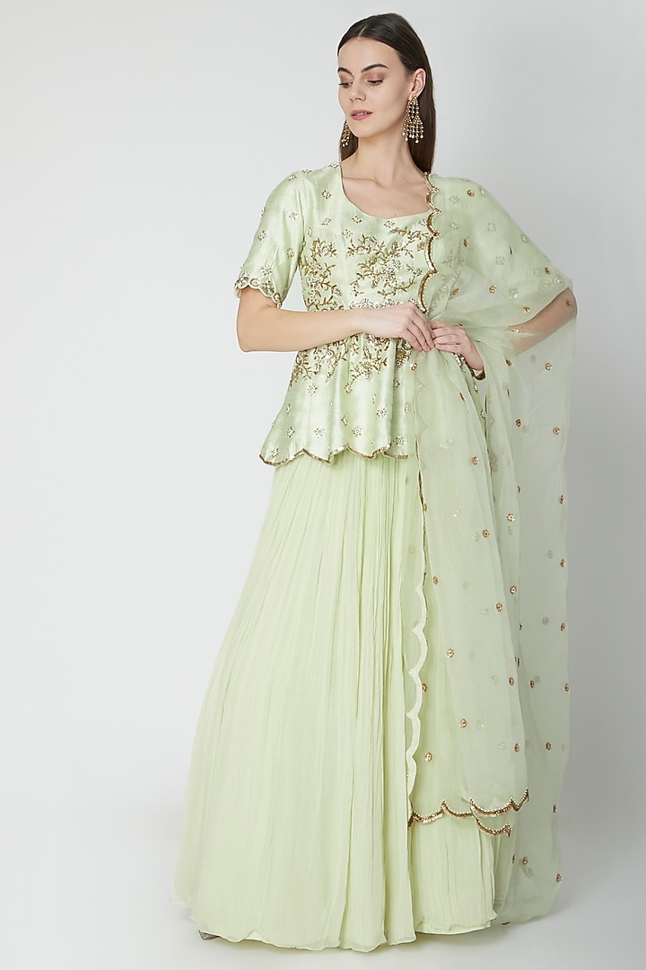 Mint Embroidered Peplum Wedding Lehenga Set by Nidhika Shekhar at Pernia's Pop Up Shop