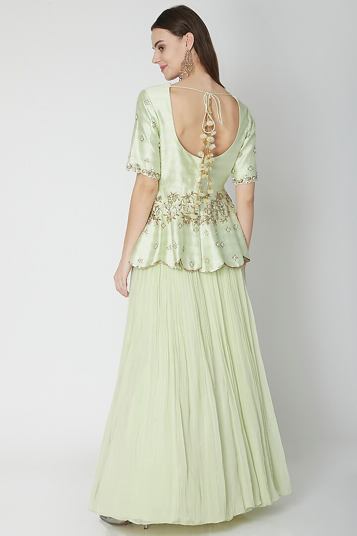 Mint Embroidered Peplum Wedding Lehenga Set by Nidhika Shekhar at Pernia's Pop Up Shop