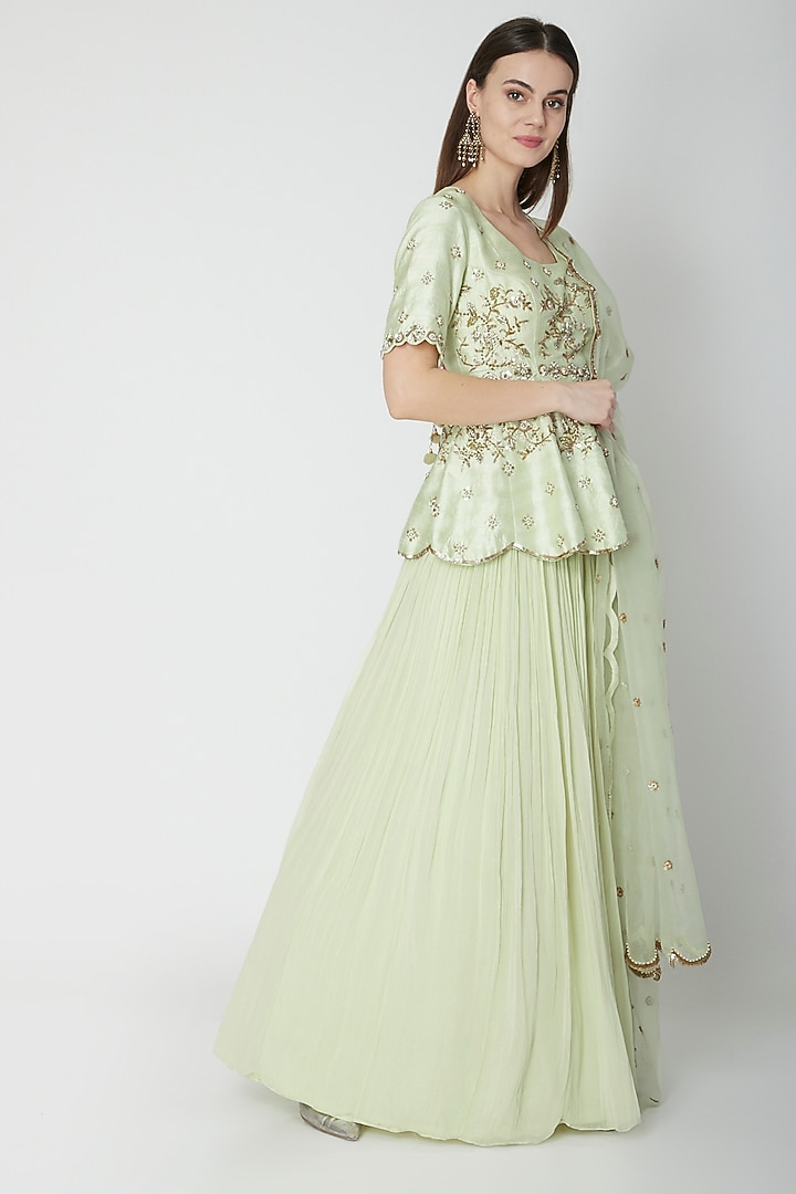 Mint Embroidered Peplum Wedding Lehenga Set by Nidhika Shekhar at Pernia's Pop Up Shop