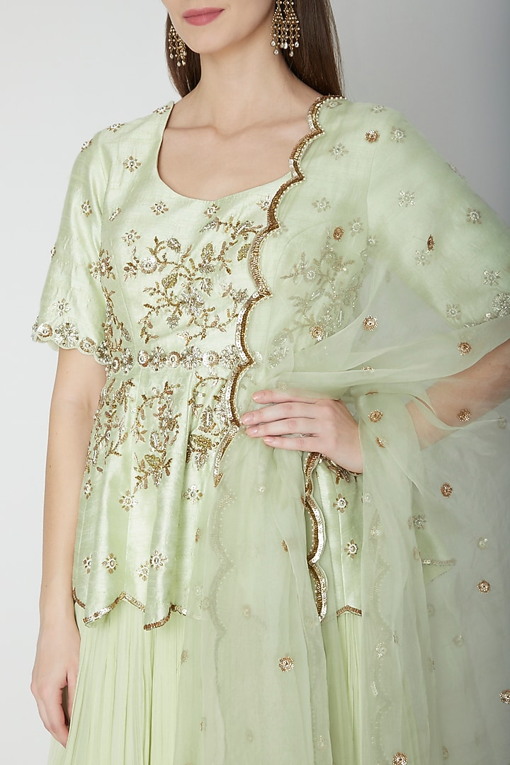 Mint Embroidered Peplum Wedding Lehenga Set by Nidhika Shekhar at Pernia's Pop Up Shop