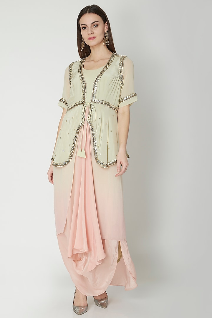 Mint Embroidered Jacket With Peach Skirt by Nidhika Shekhar