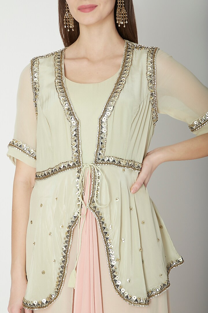 Mint Green Georgette Sequins Embroidered Jacket Set by Nidhika Shekhar at Pernia's Pop Up Shop