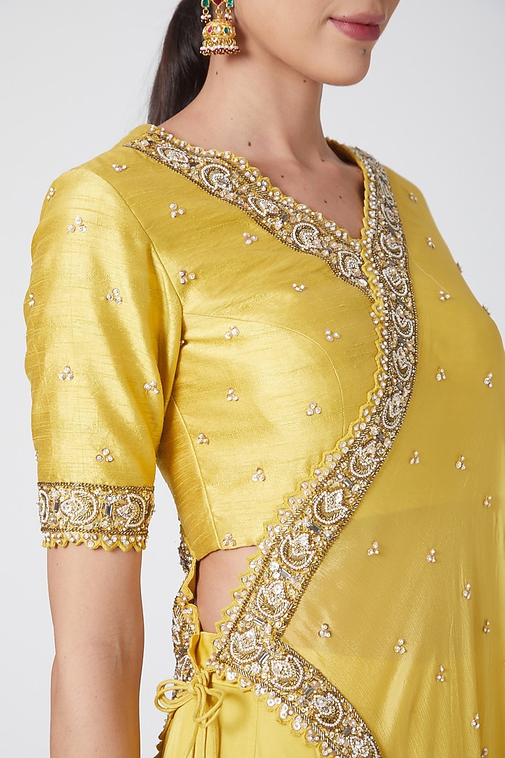 Yellow Embroidered Angrakha Kurta Set by Nidhika Shekhar at Pernia's Pop Up Shop