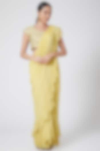 Yellow Georgette Ruffled Draped Wedding Saree by Nidhika Shekhar at Pernia's Pop Up Shop