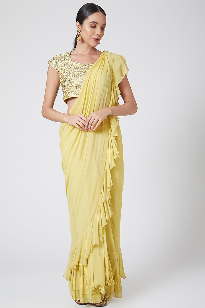 Yellow Georgette Ruffled Draped Wedding Saree by Nidhika Shekhar at Pernia's Pop Up Shop