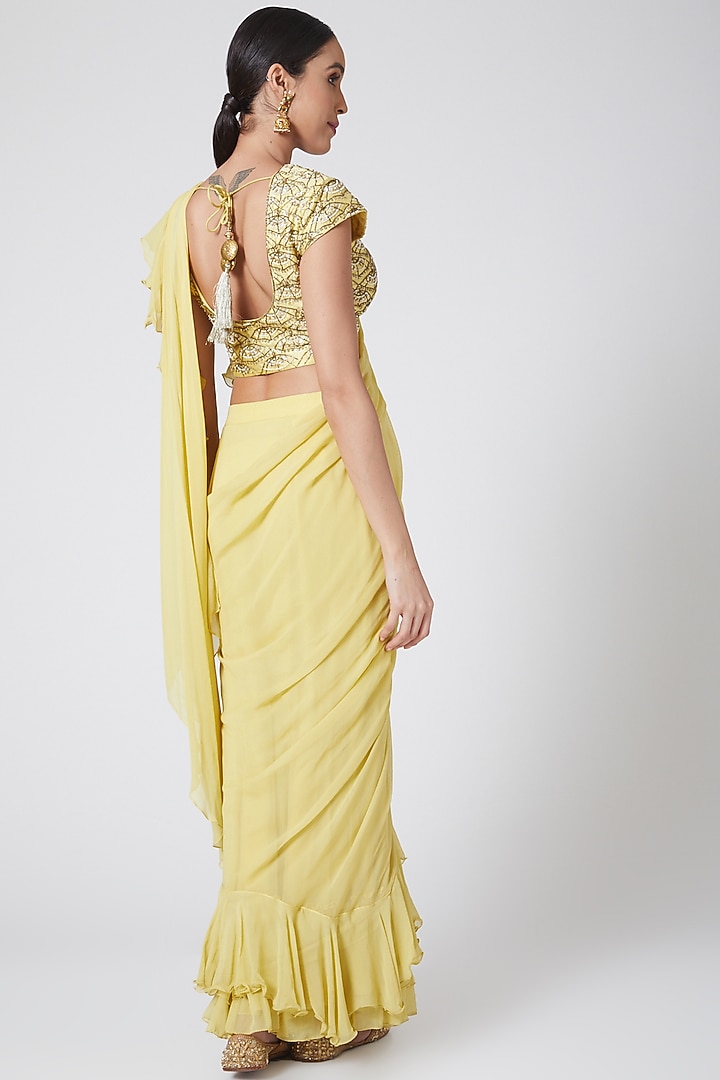 Yellow Georgette Ruffled Draped Wedding Saree by Nidhika Shekhar at Pernia's Pop Up Shop