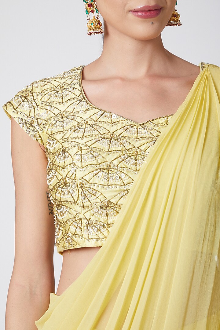 Yellow Georgette Ruffled Draped Wedding Saree by Nidhika Shekhar at Pernia's Pop Up Shop