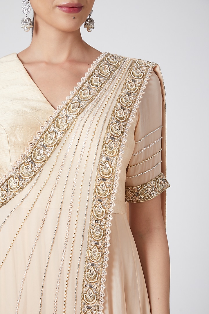 Beige Embroidered Draped Wedding Anarkali by Nidhika Shekhar at Pernia's Pop Up Shop