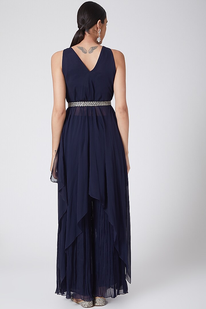 Cobalt Blue Embroidered Sharara Set With Belt by Nidhika Shekhar at Pernia's Pop Up Shop