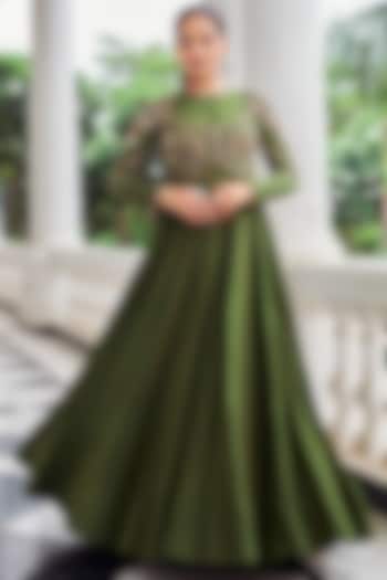Green Crepe Sequins Work Wedding Anarkali Set by Nidhika Shekhar at Pernia's Pop Up Shop