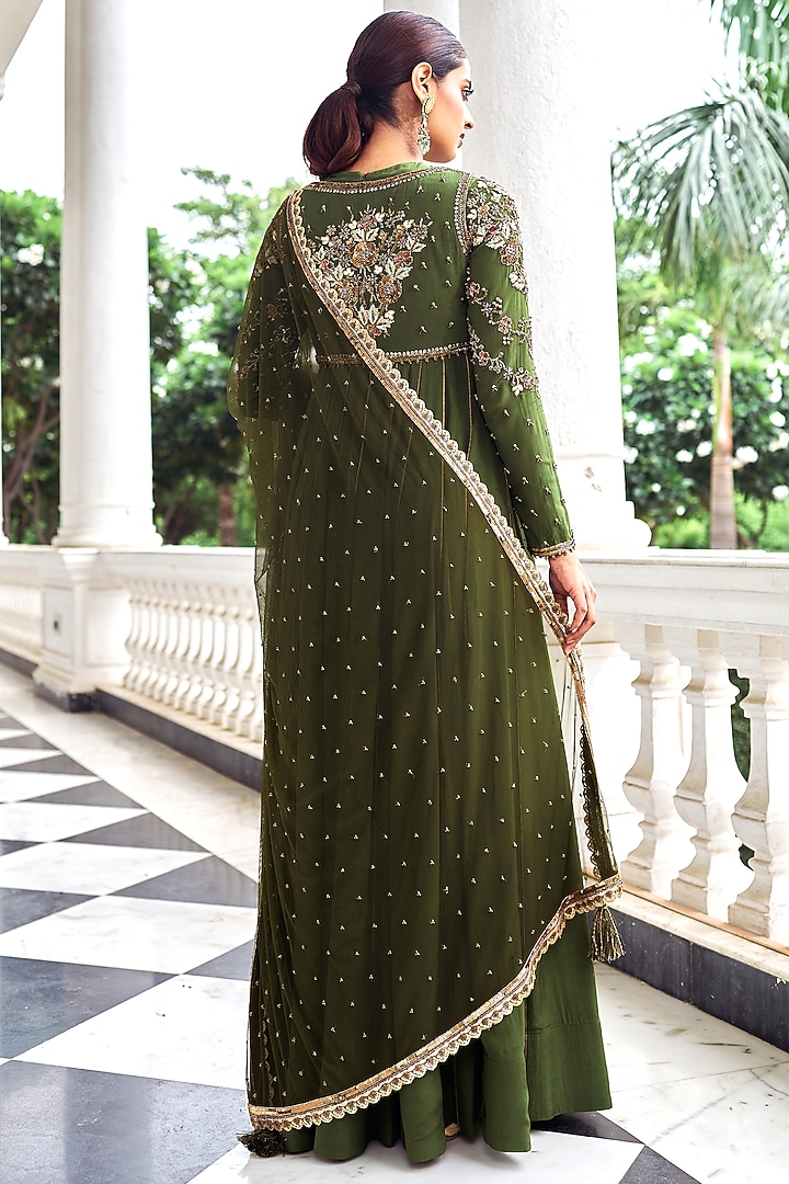 Green Crepe Sequins Work Wedding Anarkali Set by Nidhika Shekhar at Pernia's Pop Up Shop