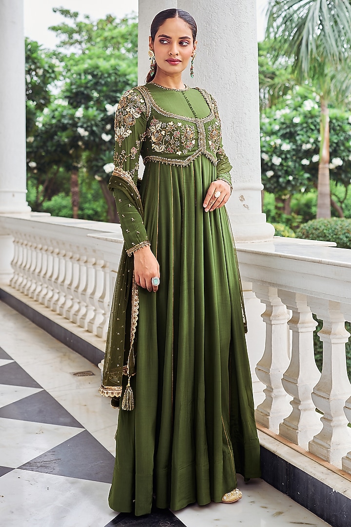 Green Crepe Sequins Work Wedding Anarkali Set by Nidhika Shekhar at Pernia's Pop Up Shop