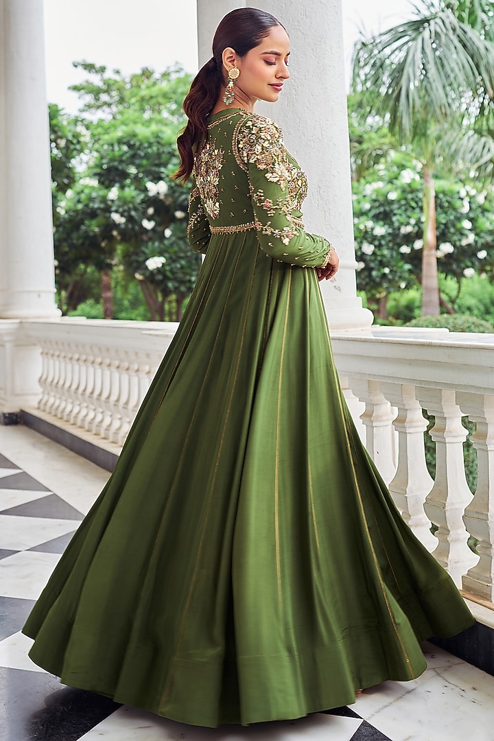 Green Crepe Sequins Work Wedding Anarkali Set by Nidhika Shekhar at Pernia's Pop Up Shop