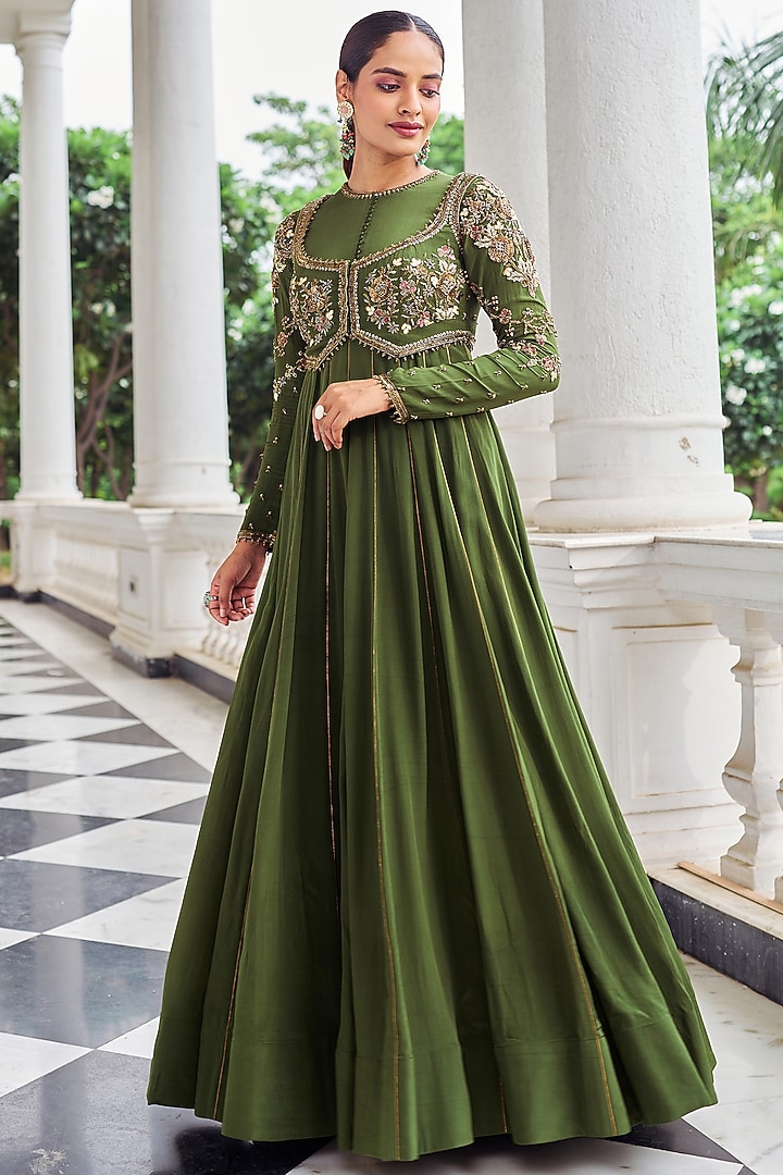 Green Crepe Sequins Work Wedding Anarkali Set by Nidhika Shekhar at Pernia's Pop Up Shop
