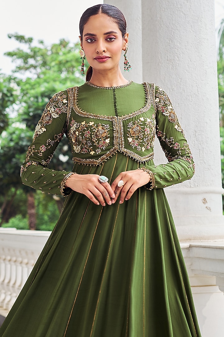 Green Crepe Sequins Work Wedding Anarkali Set by Nidhika Shekhar at Pernia's Pop Up Shop