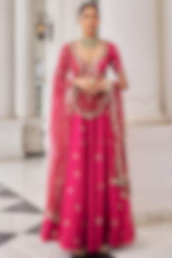 Hot Pink Modal Satin Sequins Embroidered Wedding Anarkali Set by Nidhika Shekhar at Pernia's Pop Up Shop