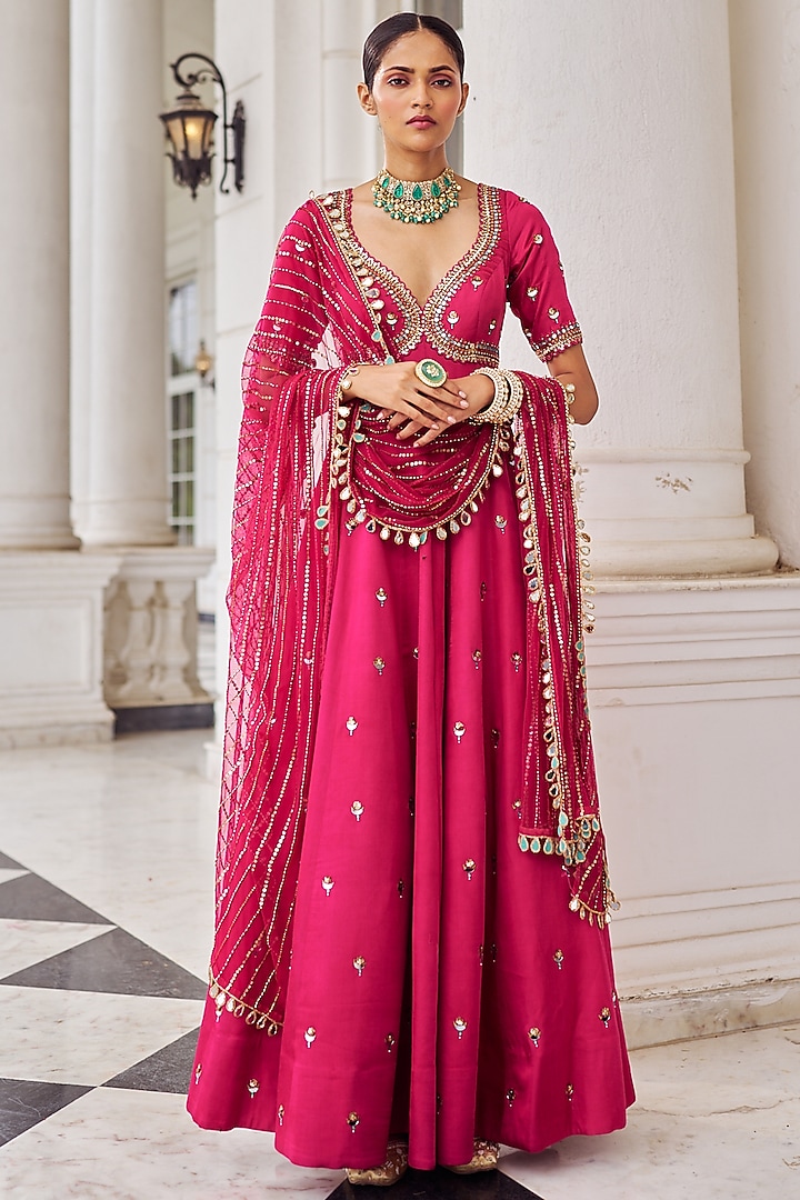 Hot Pink Modal Satin Sequins Embroidered Wedding Anarkali Set by Nidhika Shekhar at Pernia's Pop Up Shop