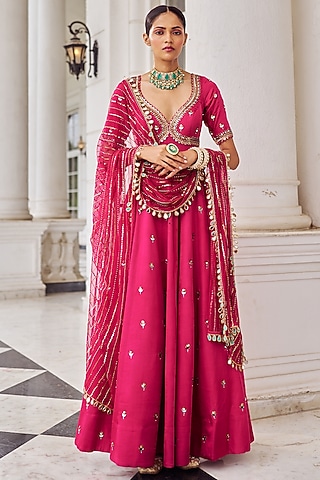Hot Pink Modal Satin Sequins Embroidered Anarkali Set by Nidhika Shekhar