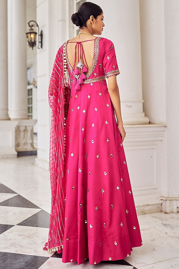 Hot Pink Modal Satin Sequins Embroidered Wedding Anarkali Set by Nidhika Shekhar at Pernia's Pop Up Shop