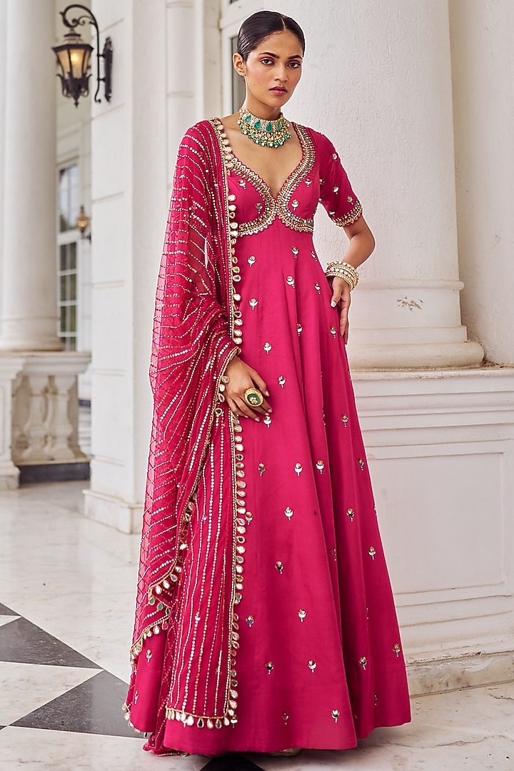 Hot Pink Modal Satin Sequins Embroidered Wedding Anarkali Set by Nidhika Shekhar at Pernia's Pop Up Shop