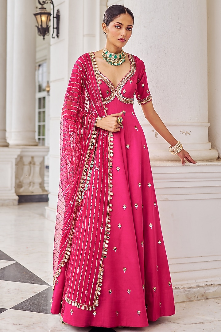 Hot Pink Modal Satin Sequins Embroidered Wedding Anarkali Set by Nidhika Shekhar at Pernia's Pop Up Shop