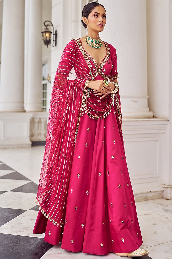 Hot Pink Modal Satin Sequins Embroidered Wedding Anarkali Set by Nidhika Shekhar at Pernia's Pop Up Shop