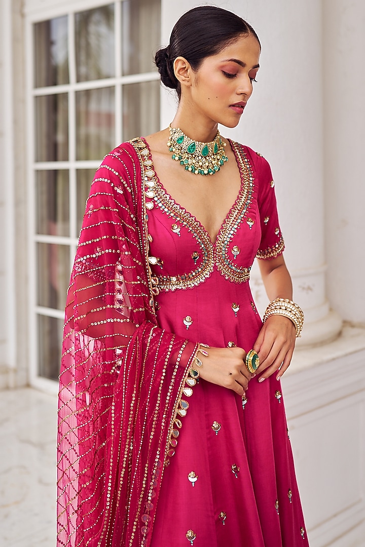 Hot Pink Modal Satin Sequins Embroidered Wedding Anarkali Set by Nidhika Shekhar at Pernia's Pop Up Shop