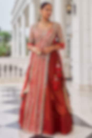 Rust Crepe & Stripe Chanderi Embroidered Wedding Lehenga Set by Nidhika Shekhar at Pernia's Pop Up Shop