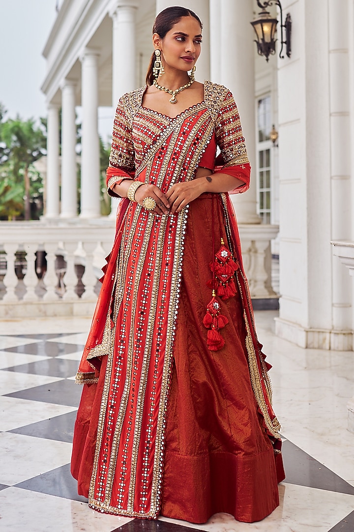 Rust Crepe & Stripe Chanderi Embroidered Wedding Lehenga Set by Nidhika Shekhar at Pernia's Pop Up Shop