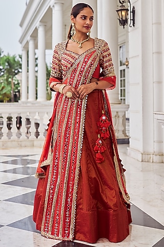 Rust Crepe & Stripe Chanderi Embroidered Lehenga Set by Nidhika Shekhar