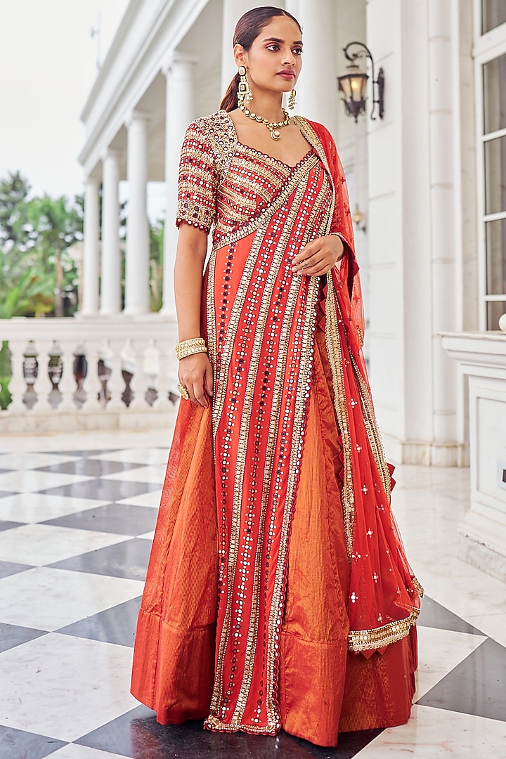 Rust Crepe & Stripe Chanderi Embroidered Wedding Lehenga Set by Nidhika Shekhar at Pernia's Pop Up Shop